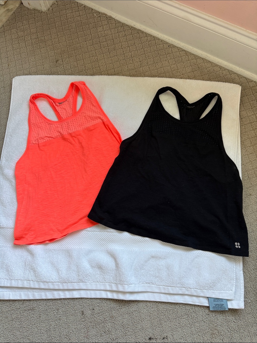 Set of two Sweaty Betty Neon Coral and Black Racerback Tanks